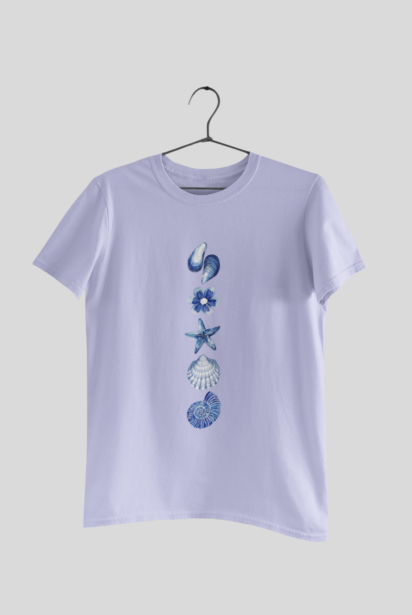 Ocean Bloom Graphic T-Shirt – Minimalist Blue Seashell & Starfish Unisex Tee
