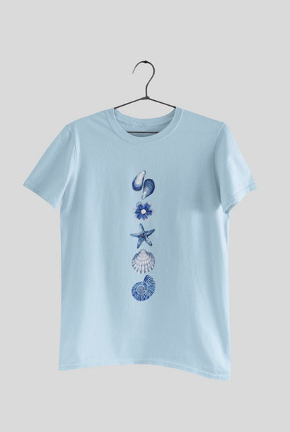 Ocean Bloom Graphic T-Shirt – Minimalist Blue Seashell & Starfish Unisex Tee