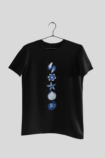 Ocean Bloom Graphic T-Shirt – Minimalist Blue Seashell & Starfish Unisex Tee