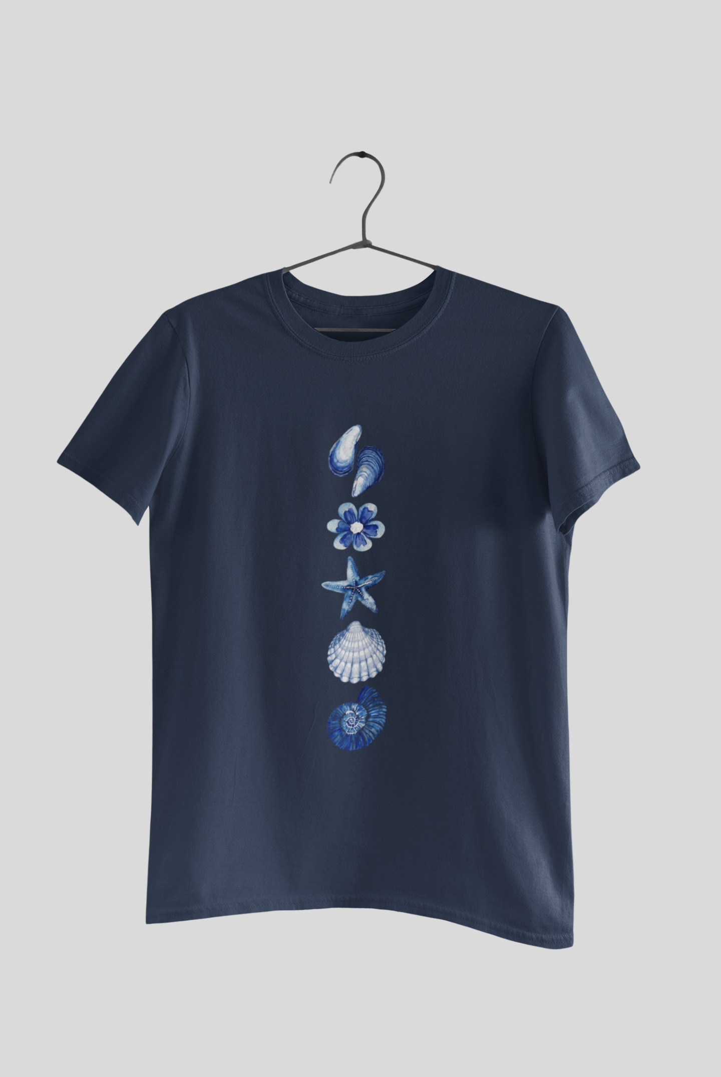 Ocean Bloom Graphic T-Shirt – Minimalist Blue Seashell & Starfish Unisex Tee