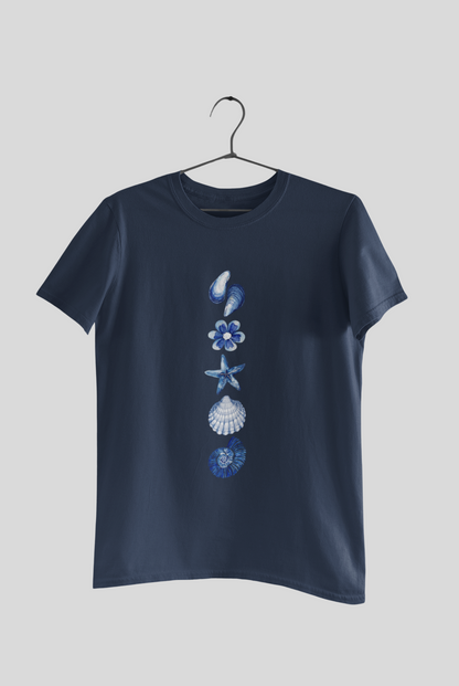 Ocean Bloom Graphic T-Shirt – Minimalist Blue Seashell & Starfish Unisex Tee