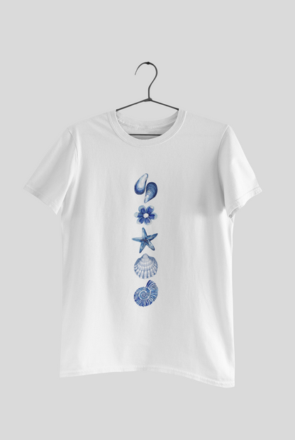 Ocean Bloom Graphic T-Shirt – Minimalist Blue Seashell & Starfish Unisex Tee