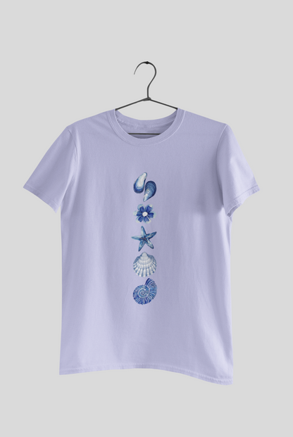 Ocean Bloom Graphic T-Shirt – Minimalist Blue Seashell & Starfish Unisex Tee